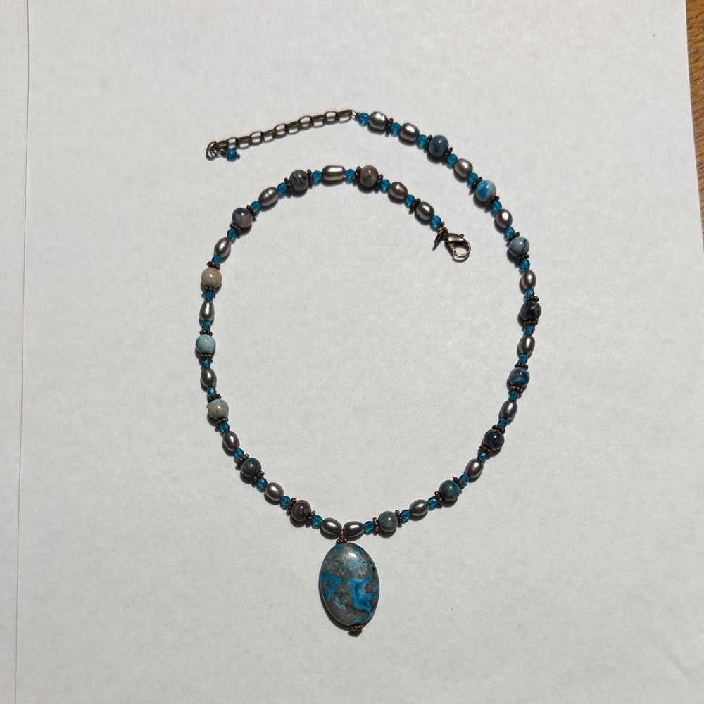 Necklace - Natural Stone Blue Agate Pendant Necklace